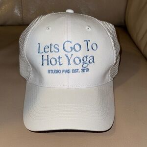 Lets Go To Hot Yoga White Cap with Blue Embroidery